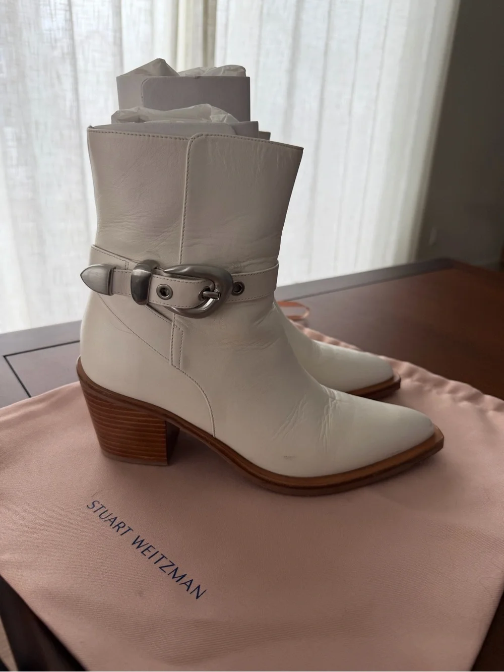Stuart Weitzman White Maven Leather Western Booties